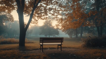 A peaceful bench in a foggy park surrounded by autumn trees during early morning light