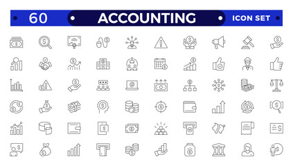 Accounting and audit outline icons set. Related to accounting, audit, taxes. Outline icon collection. Containing economy, business, financial, management, tax, transaction, calculation icon.