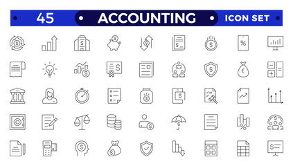 Accounting and audit outline icons set. Related to accounting, audit, taxes. Outline icon collection. Containing economy, business, financial, management, tax, transaction, calculation icon.