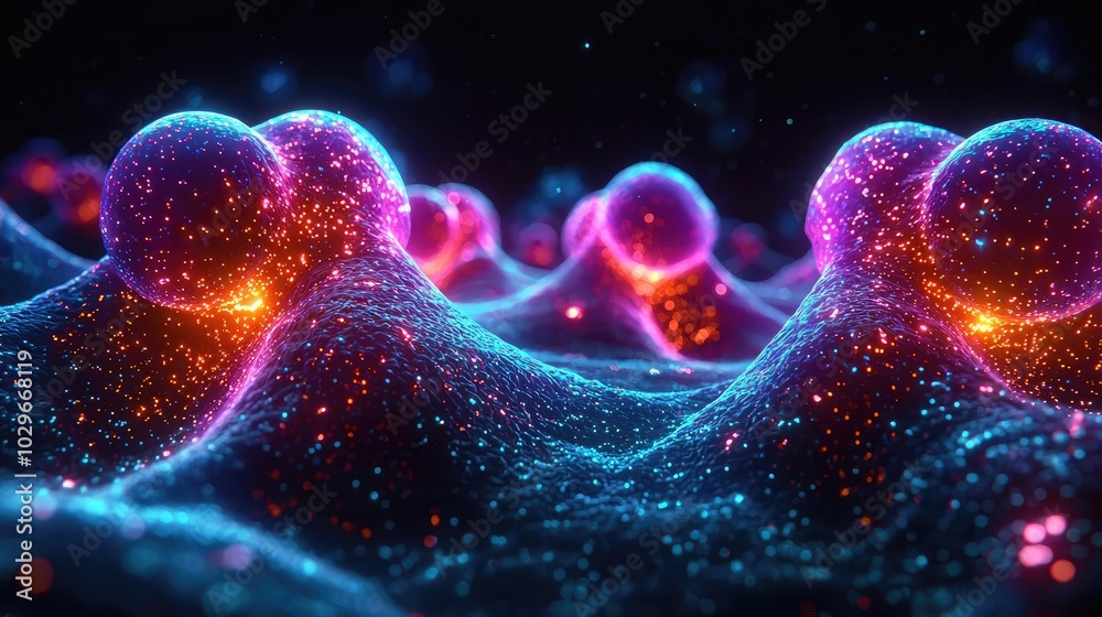 Aufkleber a vibrant abstract representation of molecular structures, featuring glowing spheres on a dynamic, c