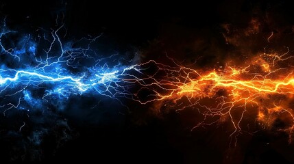 Obraz premium Abstract Blue and Orange Electrical Lightning Streaks on Black Background