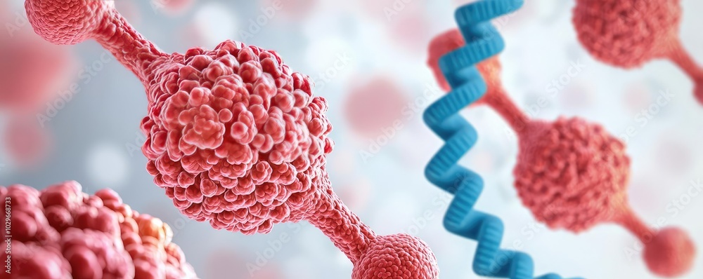 Poster an intricate illustration of molecular structures, showcasing vibrant red cells and a blue structure
