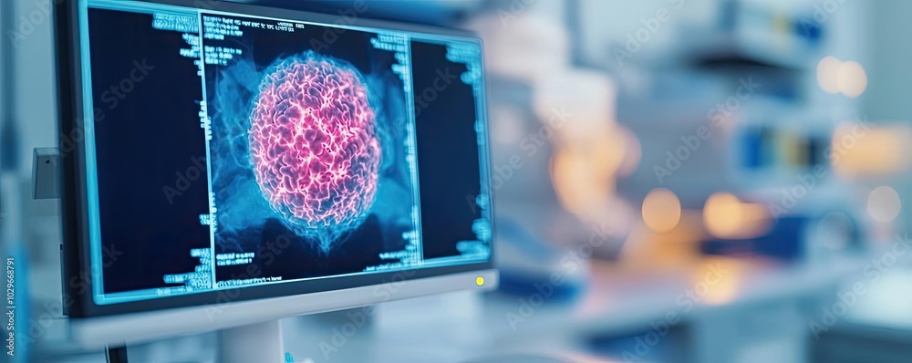 Poster a vibrant display of a scientific visualization on a monitor in a modern laboratory setting, showcas