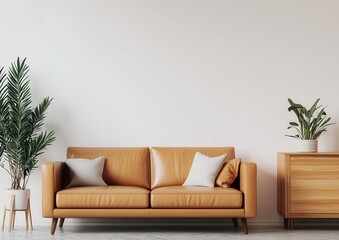 Stylish living room with a brown sofa, plants, and wooden cabinet in a minimalist design.