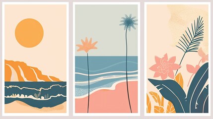 Three paintings of a beach scene with a sun in the sky