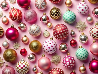 Abstract New Year Christmas Seamless Pattern with Rounded Shapes and Baubles on Pink Background