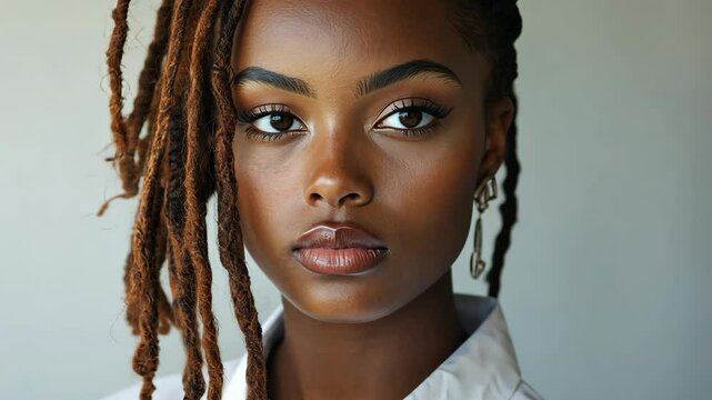 A woman with long, brown dreadlocks looks intently at the camera while wearing a white shirt