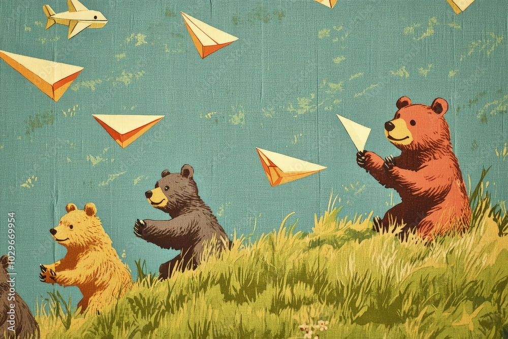 Canvas Prints a group of bears playing with paper airplanes