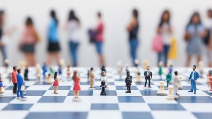 Obraz premium Miniature Figures on a Chessboard with Blurred Background of People