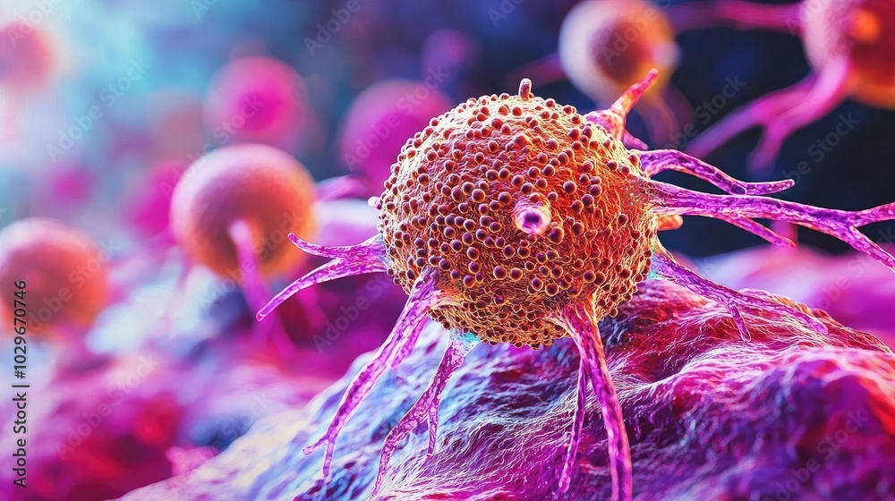 Poster colorful microscopic view of a cell, detailed structure on a dark background.