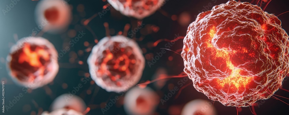 Poster microscopic view of cells with vibrant red details on a dark background.