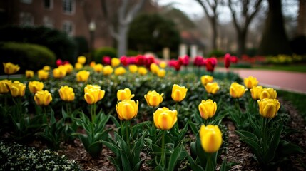 Yellow Tulips Blooming in a Garden Setting