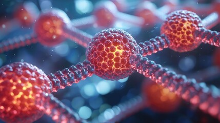 Abstract molecular structure with glowing red and blue particles, white isolate background.