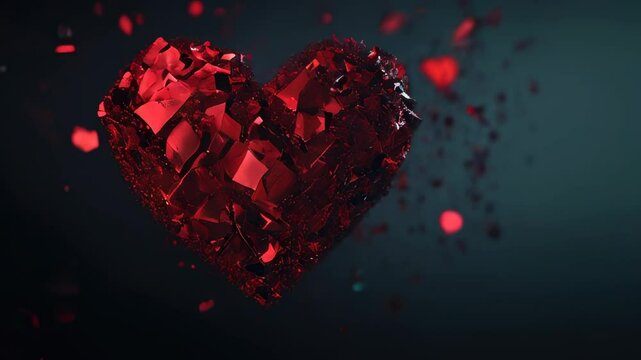 This artwork showcases a shattered red heart with sparkling fragments, conveying emotions of heartbreak and fragility amidst a dark backdrop