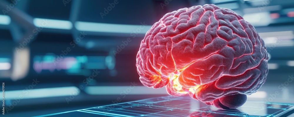 Poster Futuristic brain model with glowing elements on a digital interface