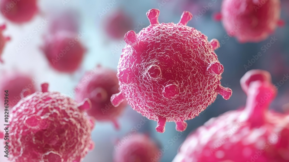 Poster microscopic view of pink virus particles on a blurred background.