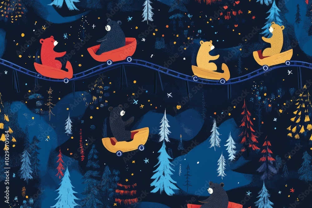 Canvas Prints a night scene with bears on a sleigh