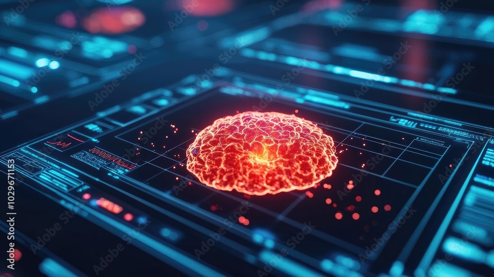 Poster Digital representation of a cell with glowing red nucleus on high-tech background.