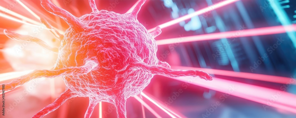 Poster close-up view of a cell with colorful light and laser effects, white isolate background.
