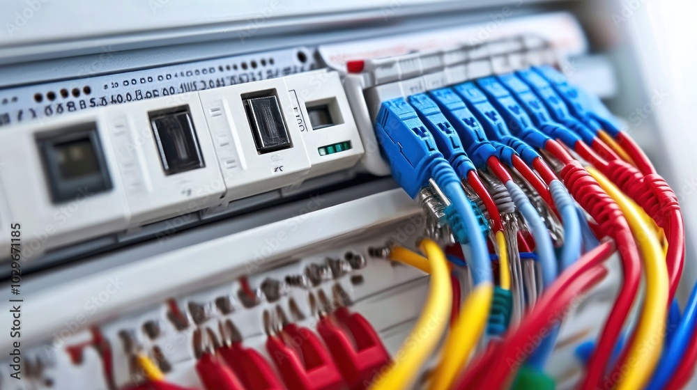Poster electrical panel with plugged-in network cables