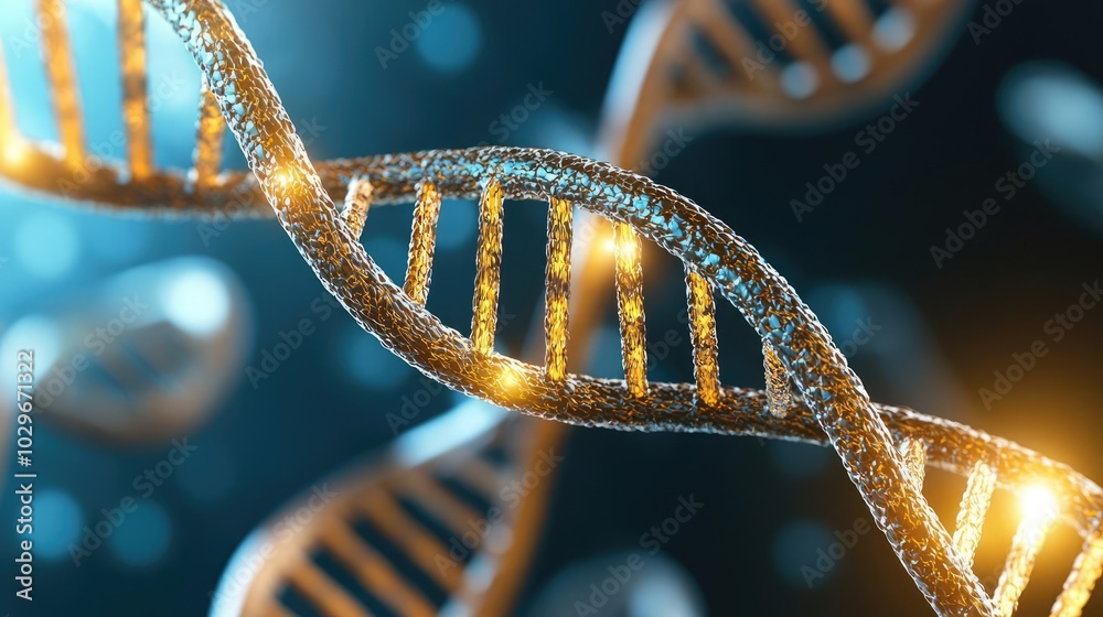 Poster close-up of golden dna strands with a glowing effect against a blurred background.