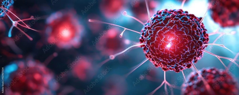 Poster detailed close-up of red cells with blue background, showcasing intricate structures.