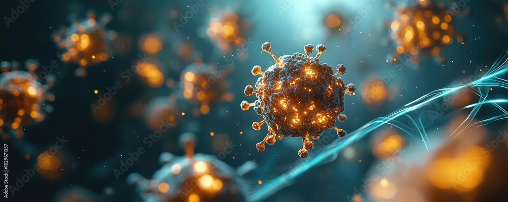 Poster microscopic view of virus particles in vibrant colors, white isolate background.