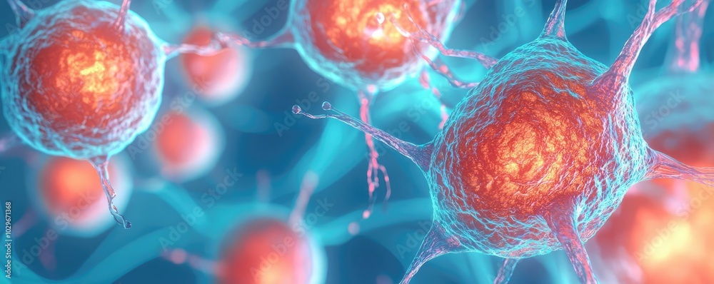Poster Close-up of colorful cells with detailed structures on a vibrant background.