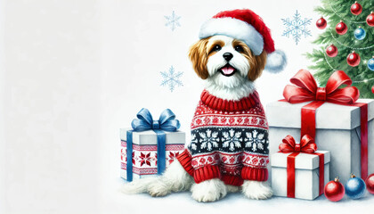 Festive dog in sweater with gifts and Christmas tree background