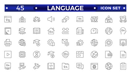 Language web outline icon set. Language translation, linguistics, speaking, dictionary, listening skills, writing, communication, translate, speech, non-verbal, writing, dictionary, text  collection.