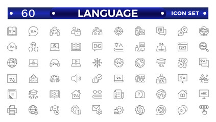 Language web outline icon set. Language translation, linguistics, speaking, dictionary, listening skills, writing, communication, translate, speech, non-verbal, writing, dictionary, text  collection.