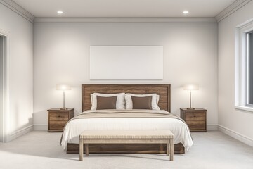 A cozy, minimalist bedroom with a wooden bed, nightstands, and neutral tones.