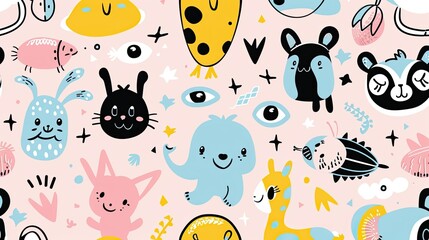 A colorful background with a rabbit and a cat on it