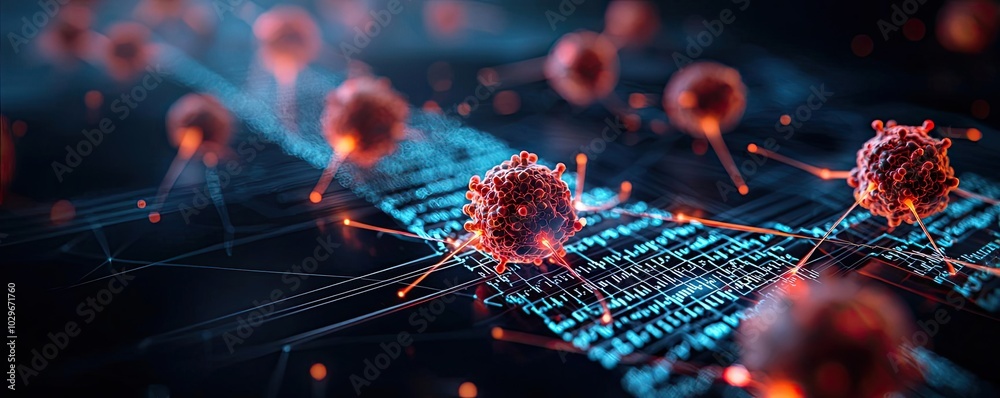 Leinwandbilder microscopic view of cells interacting with digital networks.