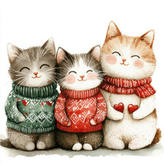 Illustrated cats in sweaters, white isolated background