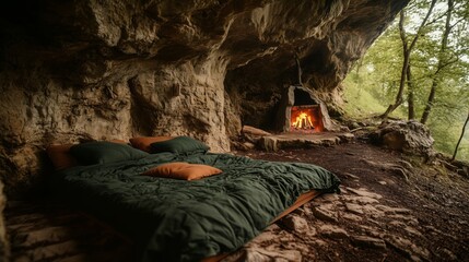 Cozy cave interior with a bed and a warm fire nestled among trees in a serene natural setting