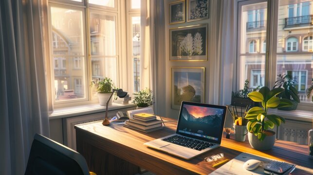 Laptop on desk by the window with plant