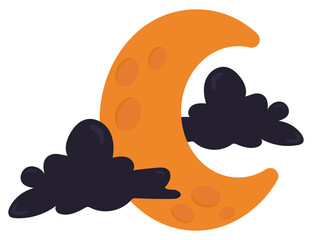 Flat illustration of a crescent moon and clouds.