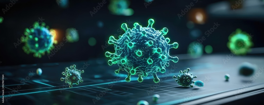 Poster 3D visualization of virus particles in a digital environment.