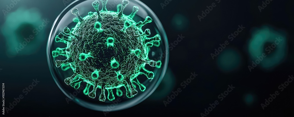 Poster microscopic view of a virus in a transparent sphere on a dark background.