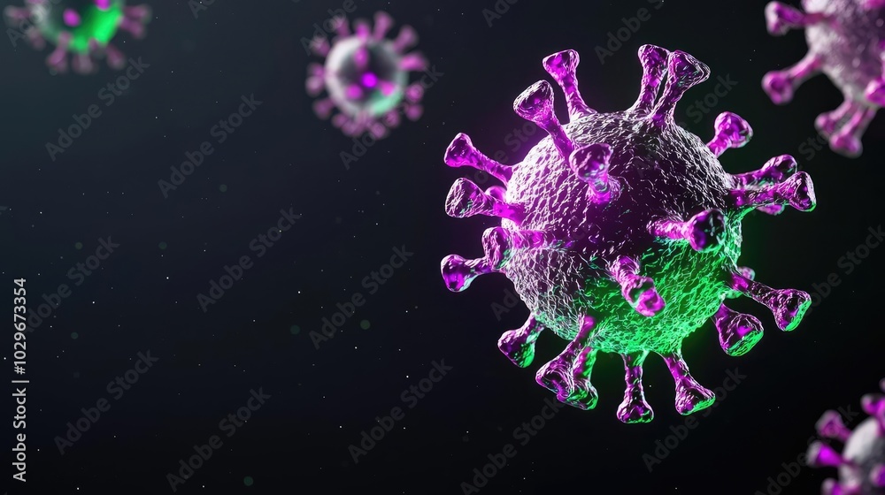 Poster Colorful 3D rendering of a virus, isolated on a dark background.