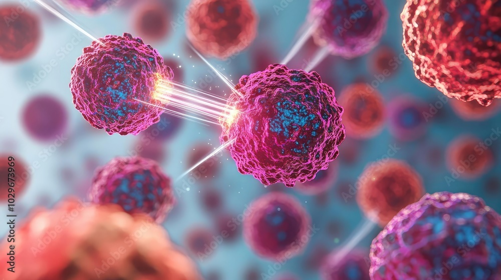 Poster Close-up view of cells with dynamic interactions in a scientific background.