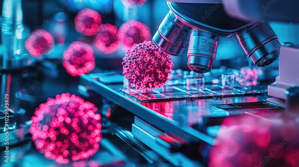 Aufkleber Microscope examining vibrant cells in a laboratory setting with colorful lighting.