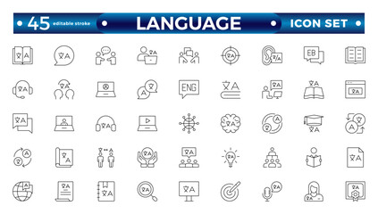 Language web outline icon set. Language translation, linguistics, speaking, dictionary, listening skills, writing, communication, translate, speech, non-verbal, writing. Editable stroke outline icon.
