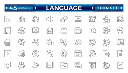Language web outline icon set. Language translation, linguistics, speaking, dictionary, listening skills, writing, communication, translate, speech, non-verbal, writing. Editable stroke outline icon.
