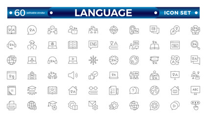 Language web outline icon set. Language translation, linguistics, speaking, dictionary, listening skills, writing, communication, translate, speech, non-verbal, writing. Editable stroke outline icon.
