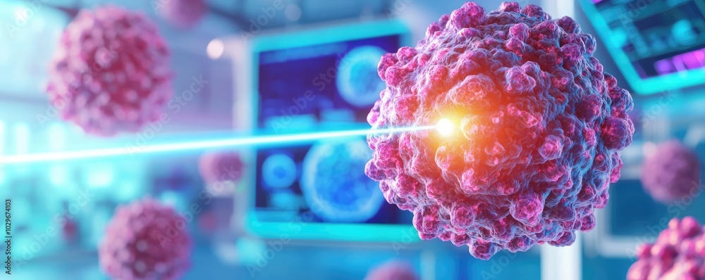 Aufkleber vibrant depiction of a virus under digital analysis in a laboratory setting.