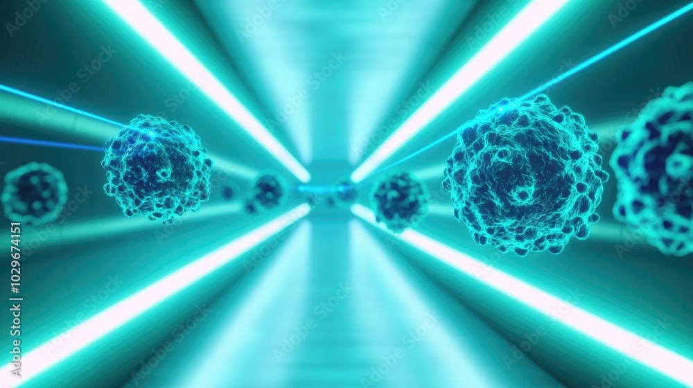 Poster Abstract representation of virus particles in a futuristic environment.