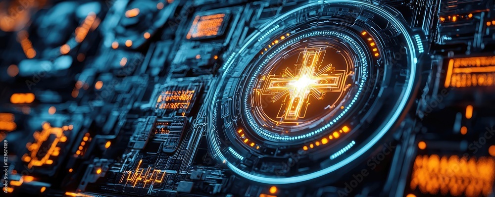 Aufkleber futuristic circuit board design with glowing elements and intricate details.