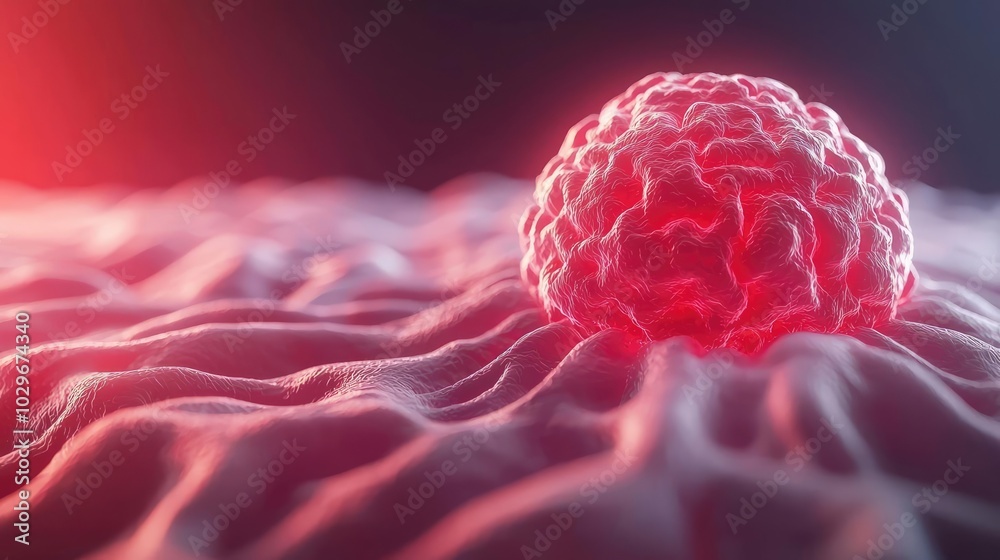 Poster microbial cell on a textured surface, illuminated in vibrant red hues.